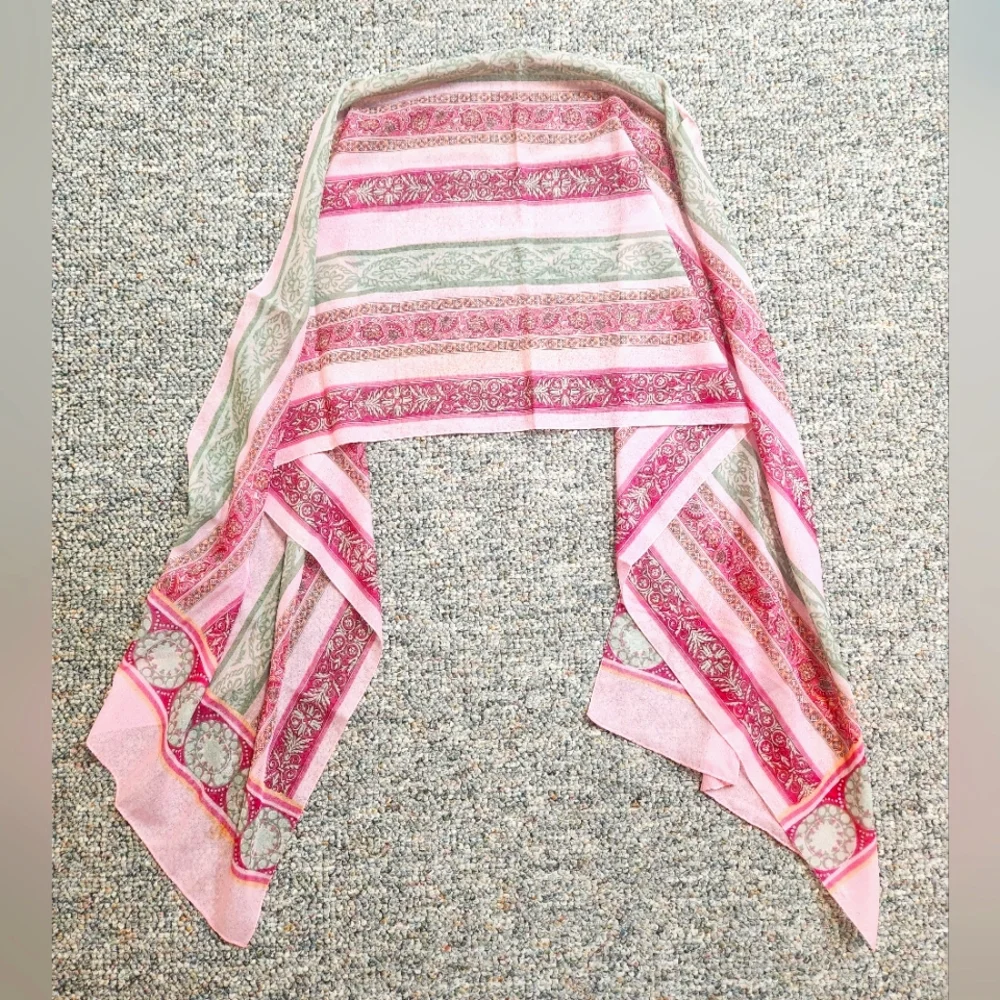 Bloomingdale's Pink and Green Stripe Patterned Silk Oblong Scarf